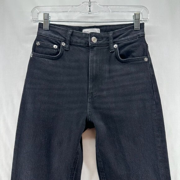 ZARA Jeans Womens Size 2 High Rise Straight Stretch Dark Washed Denim Black - Picture 3 of 10